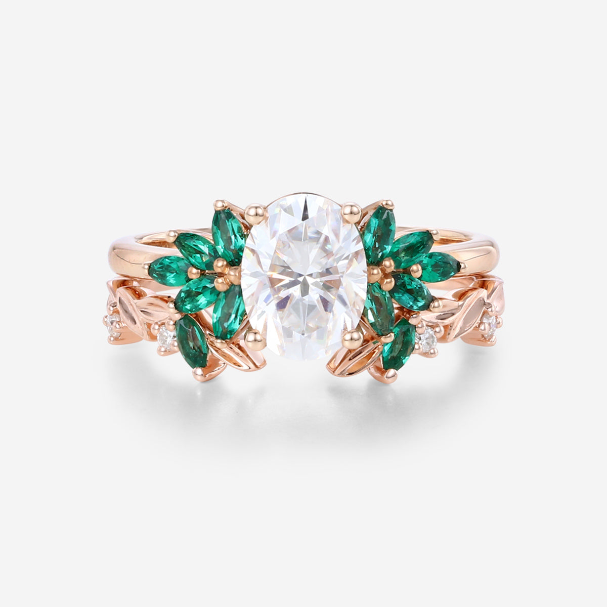 Oval cut Moissanite Rose Gold Matching Diamonds | Lab Grown Emerald Wedding bridal set