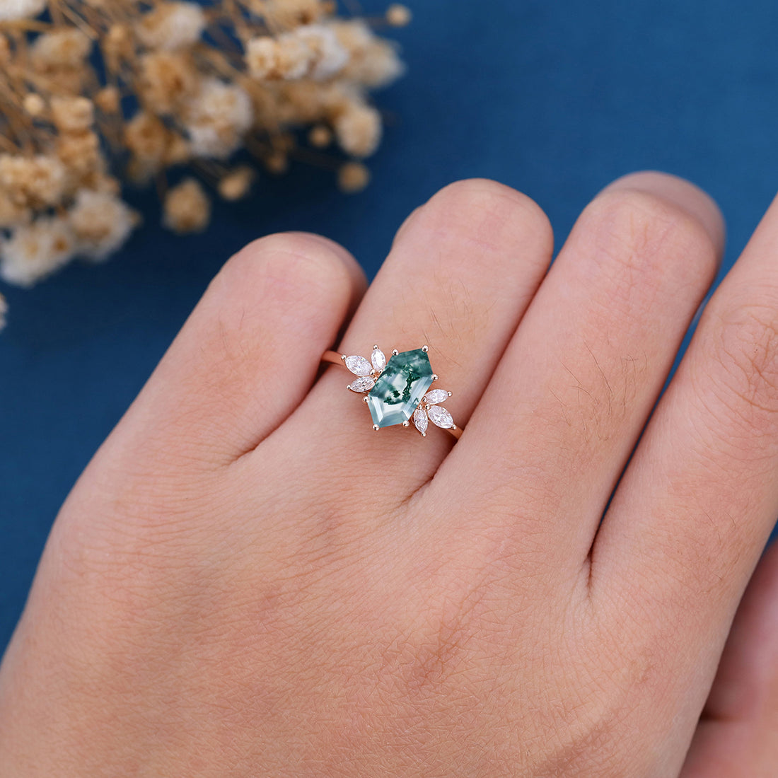 Natural Green Moss Agate Long Hexagon Cut Cluster Engagement rings