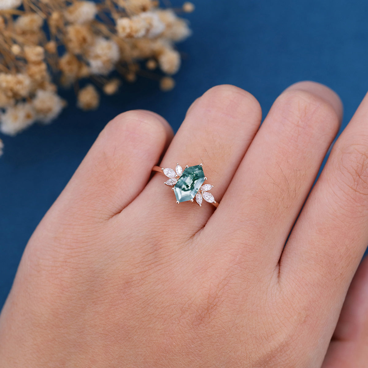 Natural Green Moss Agate Long Hexagon Cut Cluster Engagement rings 