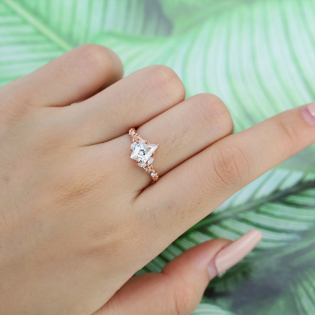 Nature Inspired Solid Gold Kite cut Moissanite Leaf Engagement Ring