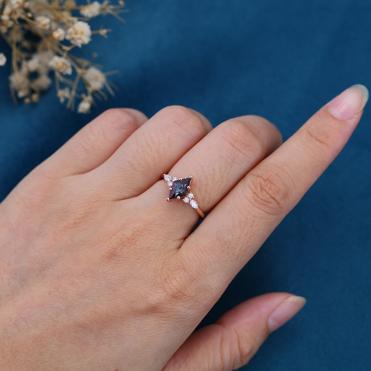 Lozenge cut Lab Alexandrite Solid Gold Engagement Ring