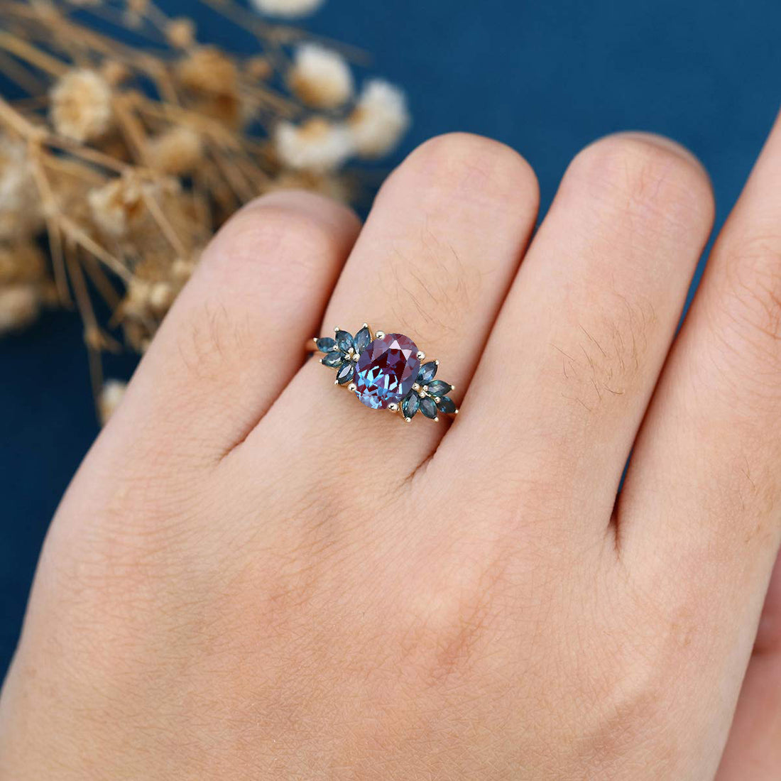 Oval cut Alexandrite Cluster Engagement Ring 