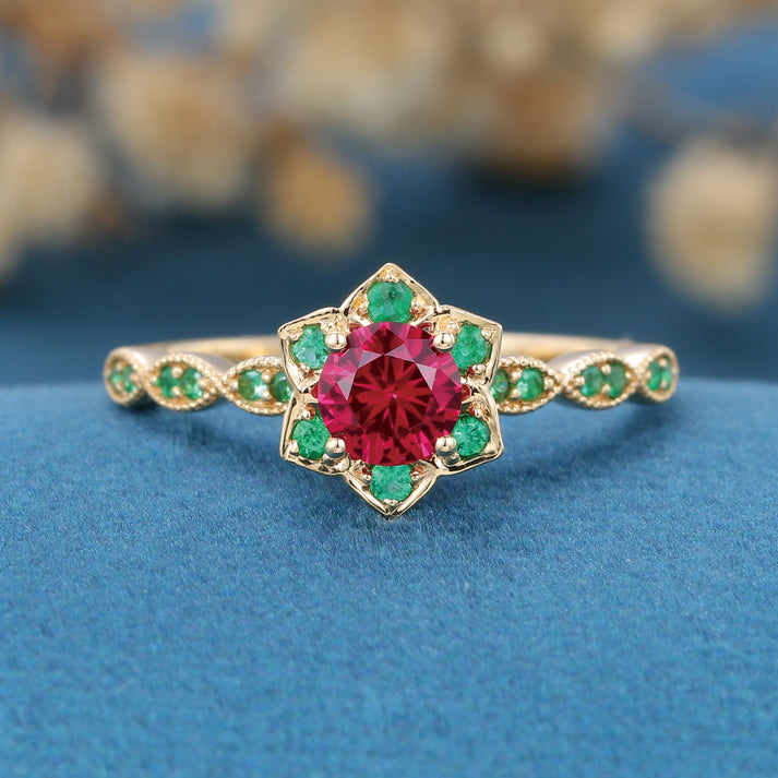 Round Cut Lab Ruby Flower Engagement Ring