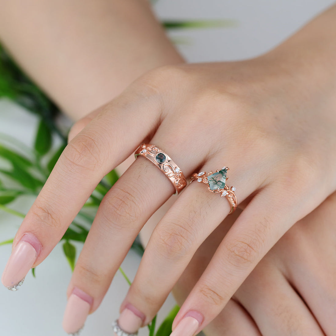 Kite Green Moss Agate & Whiskey Barrel Couples Ring Set- His and Hers Wedding Band Rose Gold Matching Promise Rings