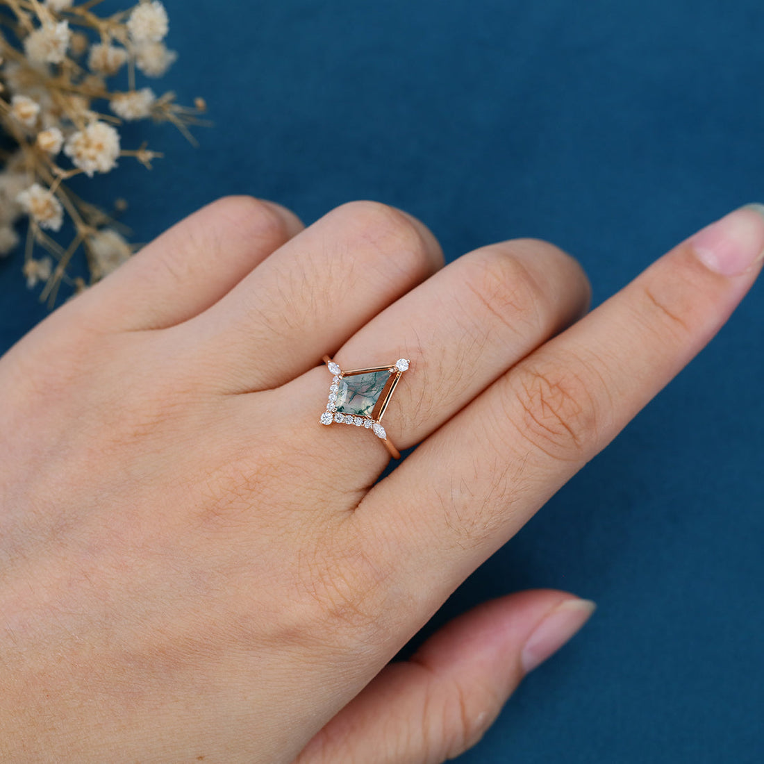 Kite cut Moss Agate Gold Engagement Ring