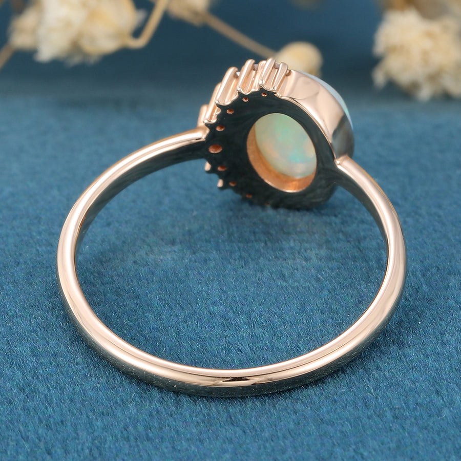 Bezel setting Oval cut Opal Halo Moissanite | Diamonds Gold Engagement Ring