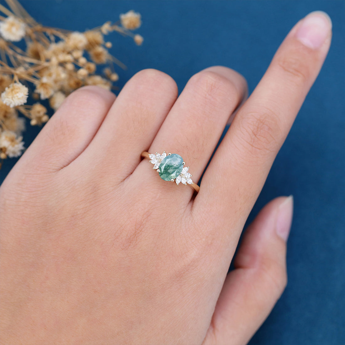 Natural Green Moss Agate Oval cut cluster Engagement Ring