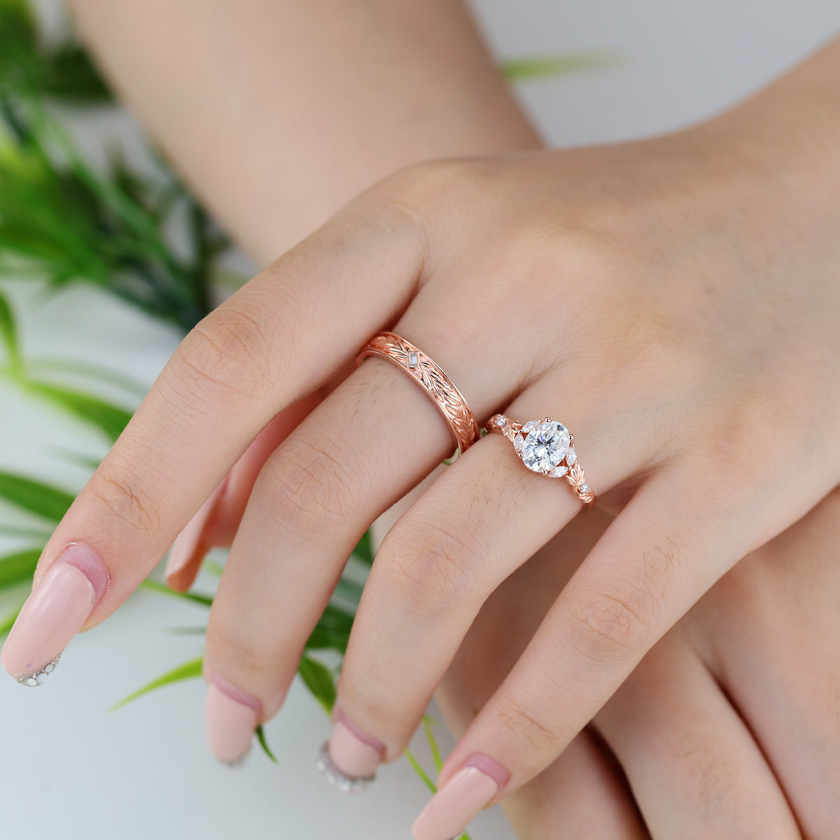 Nature Inspired Moissanite Couple Rings | D Color VVS1 | Rose Gold Leaf Wedding Bridal Set
