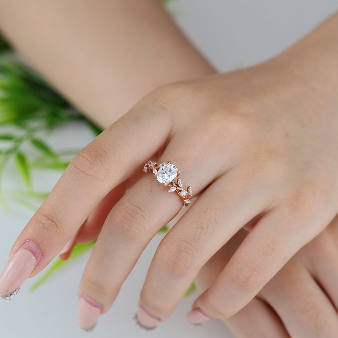 Nature Inspired Marquise cut Moissanite Solid Gold Engagement Ring