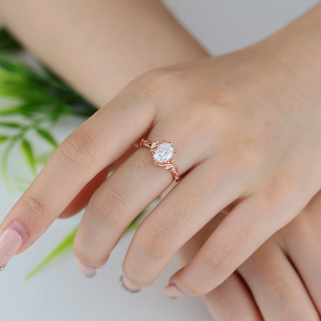 Nature Inspired Oval cut Moissanite Leaf Gold Engagement Ring