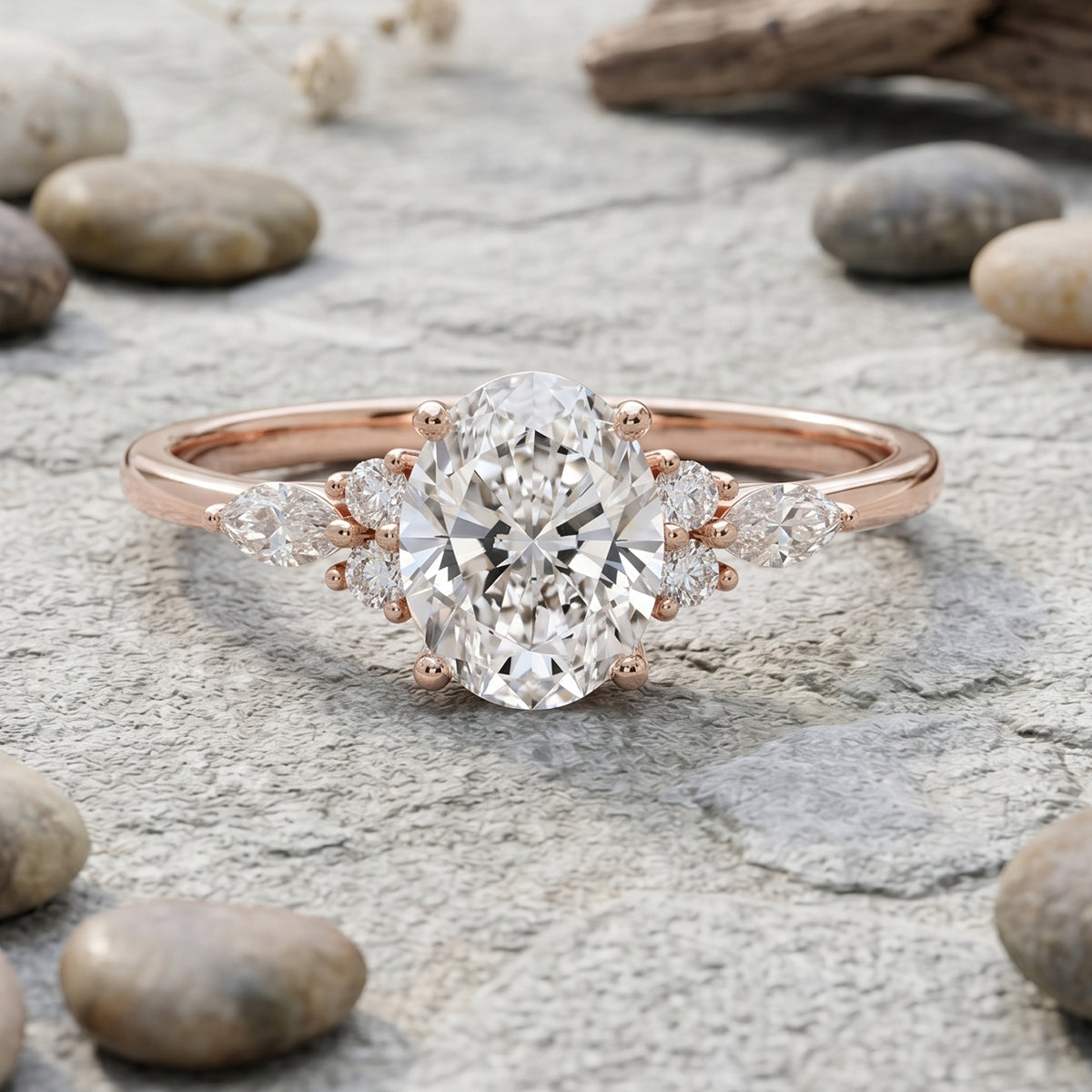 1.0CT~5.0CT Oval cut Lab grown Diamond Cluster Engagement Ring