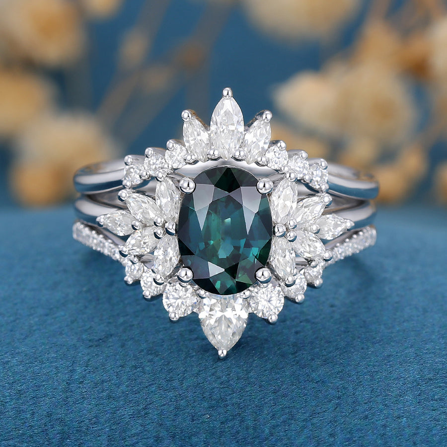 3PCS Oval cut Blue green sapphire Engagement Ring Set