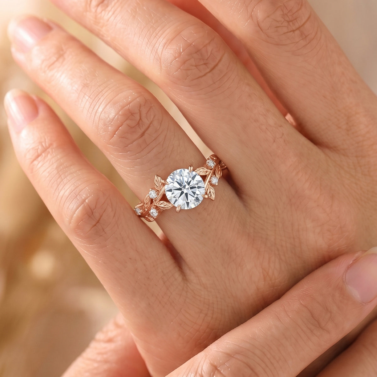 1.0CT~5.0CT Round cut Lab Grown Diamond Cluster Leaf Gold Engagement Ring