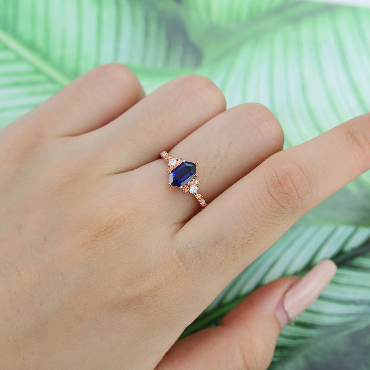 Long Hexagon cut Lab Sapphire + Diamonds Leaf Gold Engagement Ring