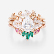 Oval cut Moissanite Matching Diamonds | Lab Grown Emerald |  Natural Pink Sapphires  Rose Gold Wedding Bridal Set