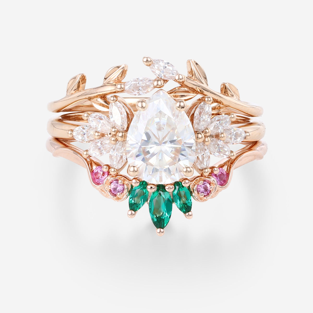 Oval cut Moissanite Matching Diamonds | Lab Grown Emerald |  Natural Pink Sapphires  Rose Gold Wedding Bridal Set