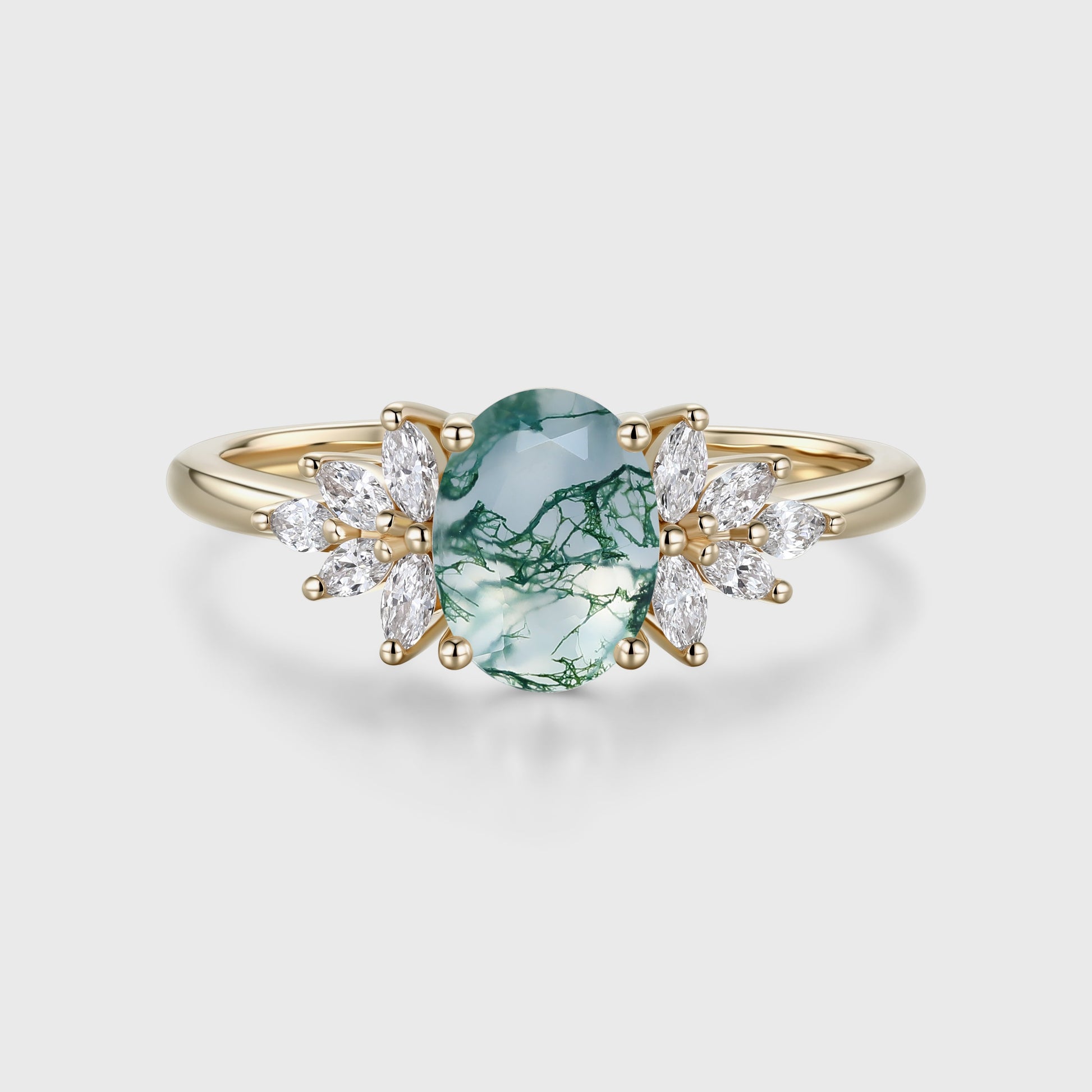 1.3 Carat Natural Green Moss Agate Oval cut cluster Engagement Ring