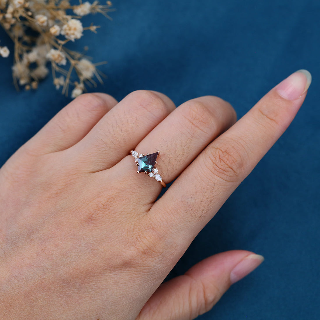 Kite cut Lab Alexandrite Solid Gold Engagement Ring