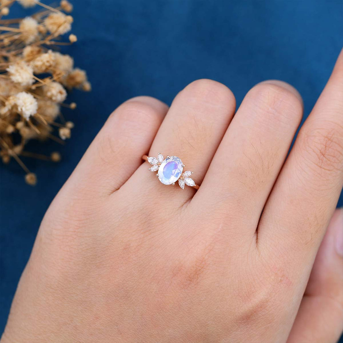 Oval cut Moonstone | Moissanite Cluster Engagement Ring