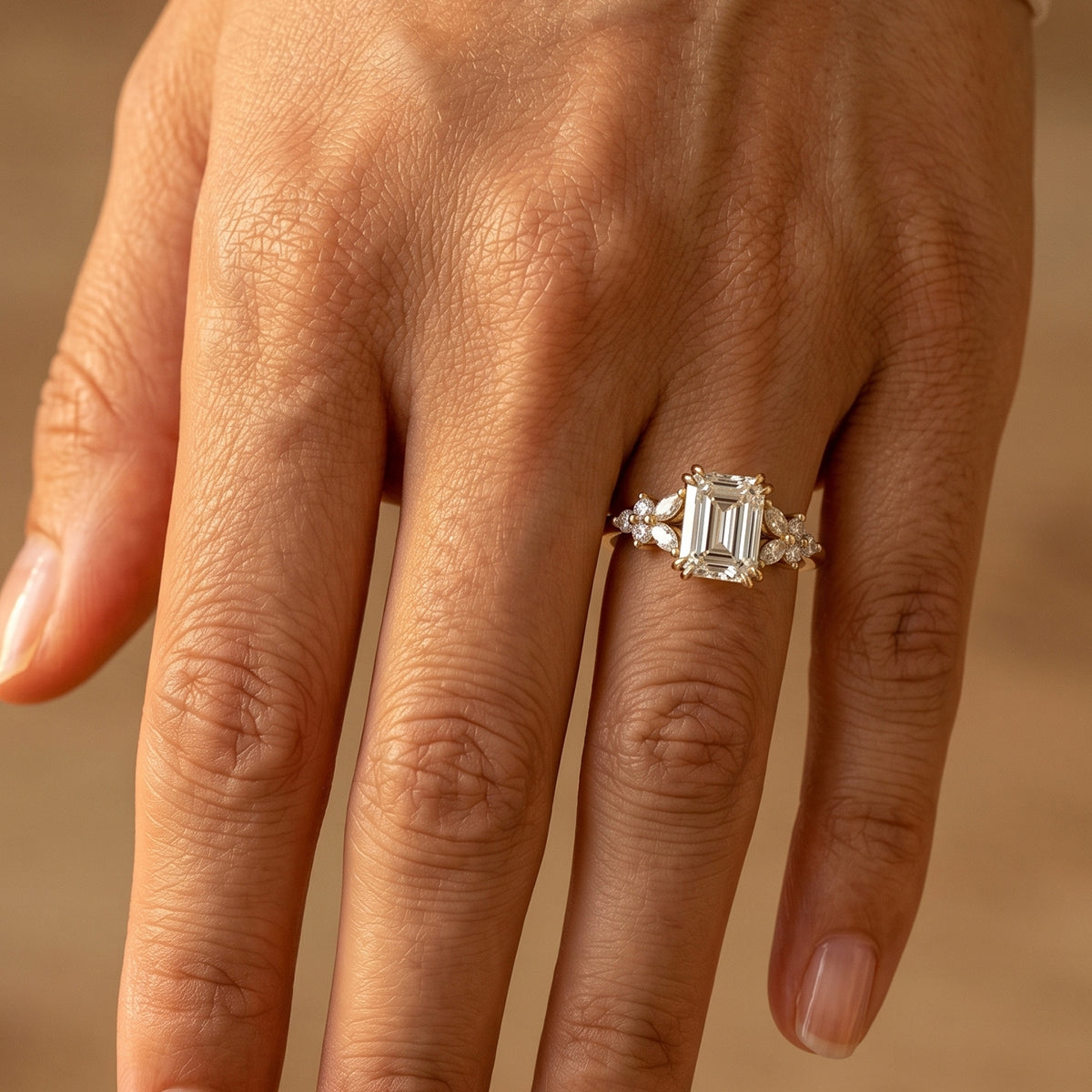 1.0CT~5.0CT Emerald cut Lab grown Diamond Cluster Engagement Ring Set