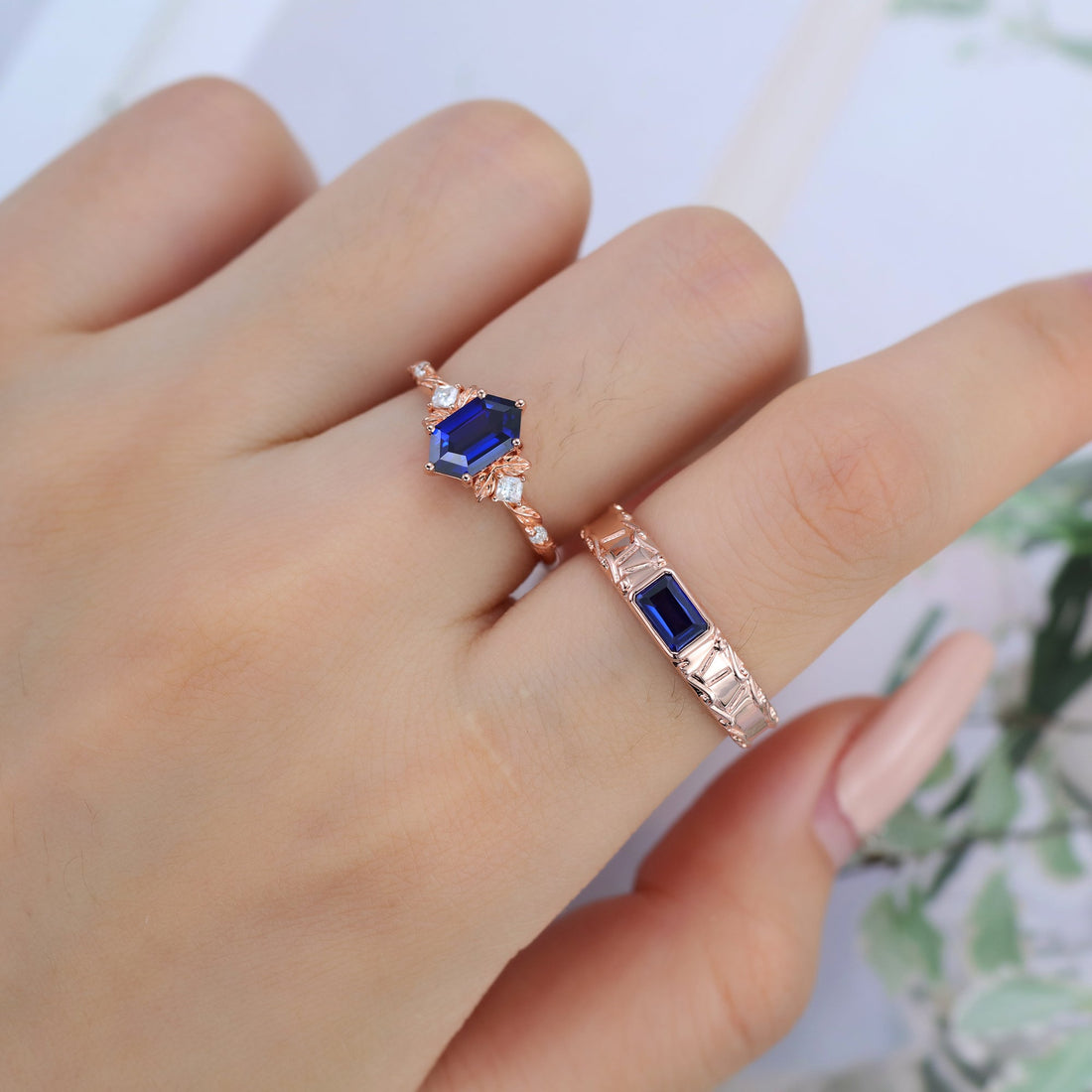 Forever Glow Lab Sapphire Couple Rings | Rose Gold Leaf Wedding Bridal Set