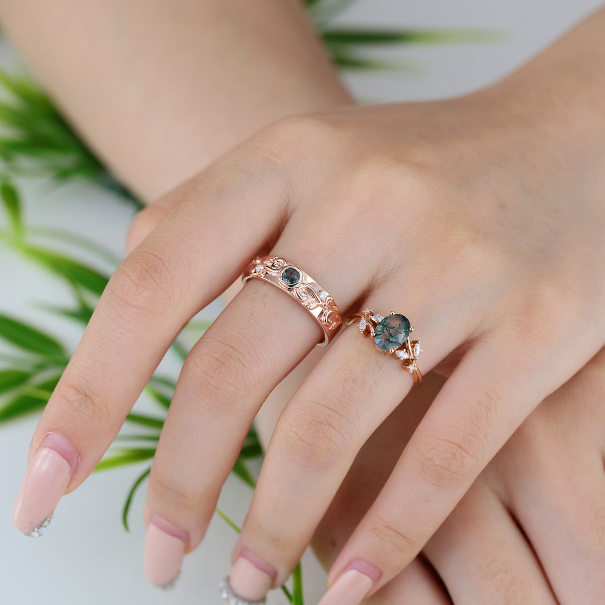 Forever Glow Moss Agate Couple Rings | Rose Gold Leaf Wedding Bridal Set