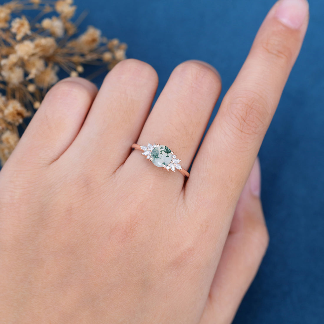 Round Cut Natural Green Moss Agate Cluster Engagement Ring