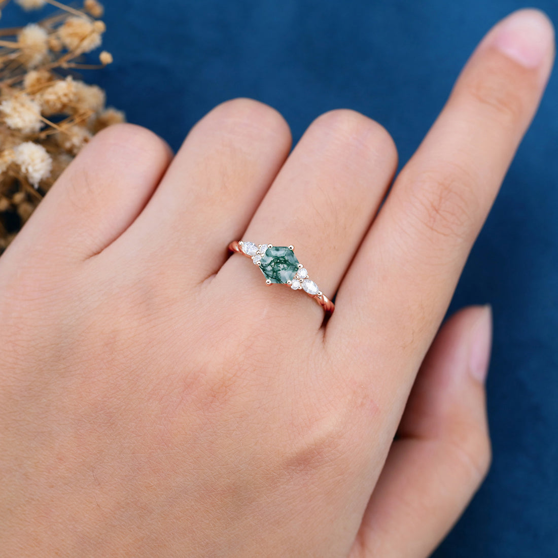 Hexagon Cut Natural Green Moss Agate Cluster Engagement Ring