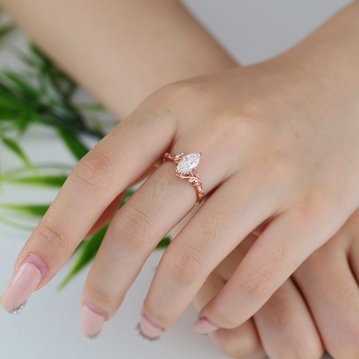 Nature Inspired Marquise cut Moissanite Leaf Gold Engagement Ring