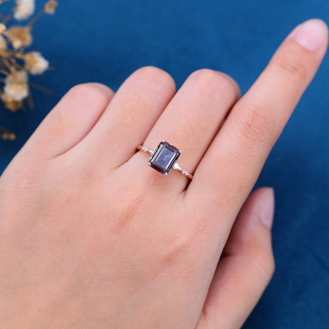 Emerald Cut Alexandrite Engagement Ring