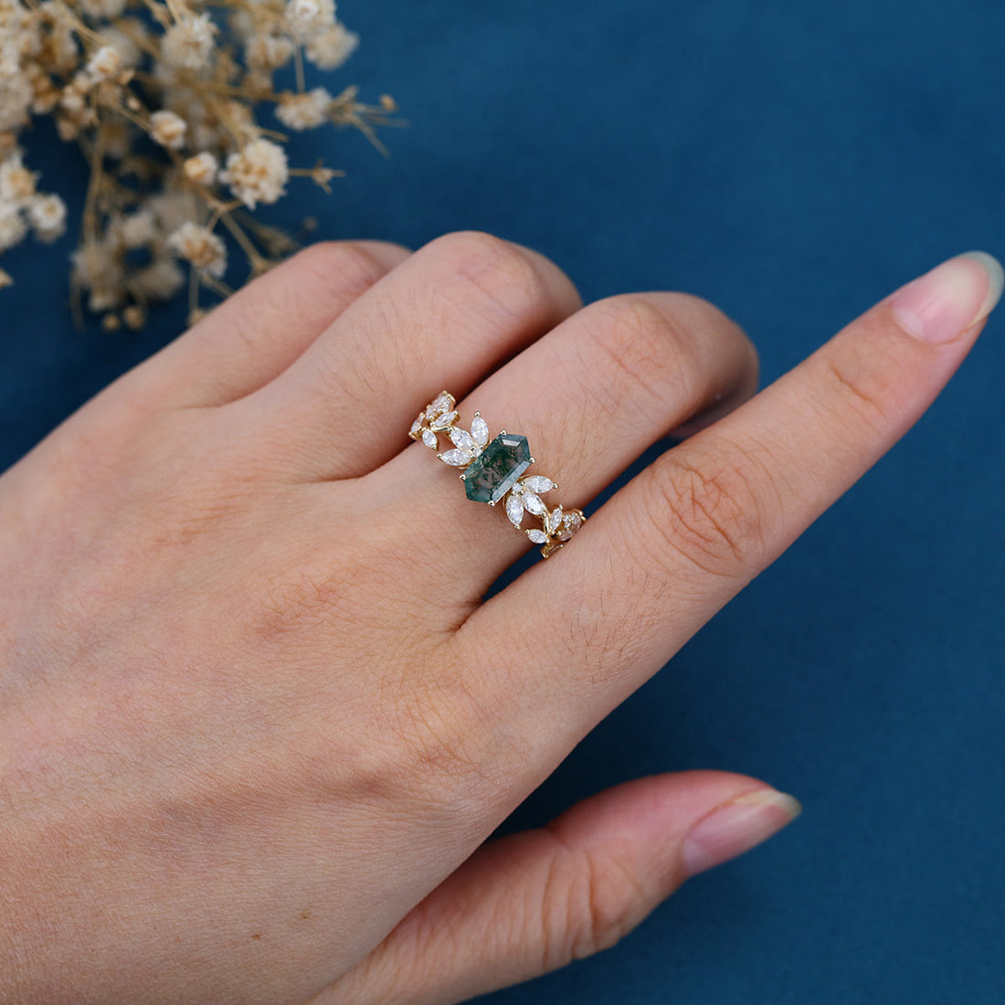 Long Hexagon cut Moss Agate Gold Engagement Ring