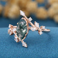 Bezel setting Marquise cut Moss Agate Rose Gold Engagement Ring