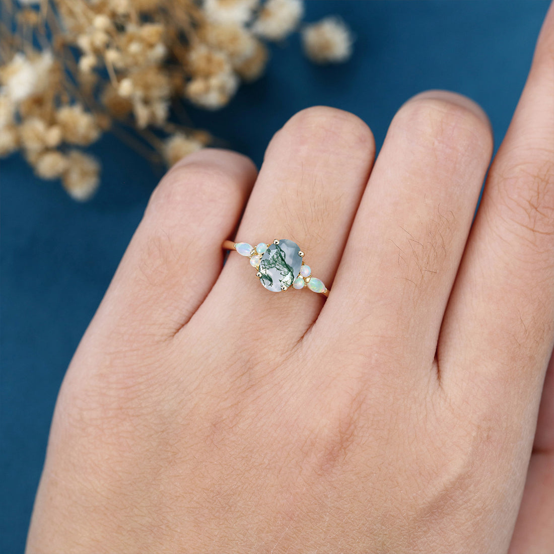 Natural Green Moss Agate Oval cut cluster Engagement Ring