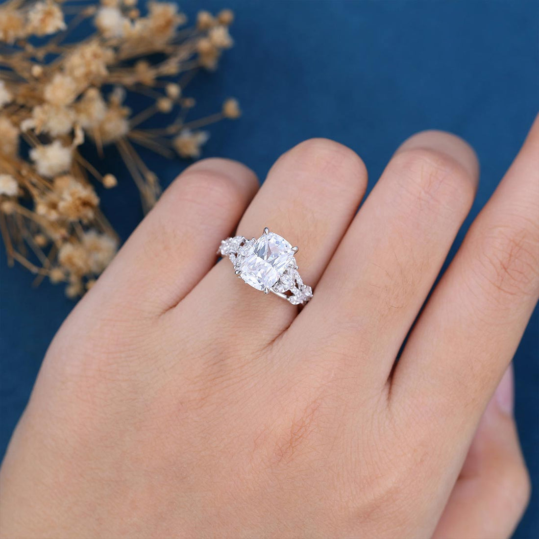 Cushion Cut Moissanite Cluster Engagement Ring