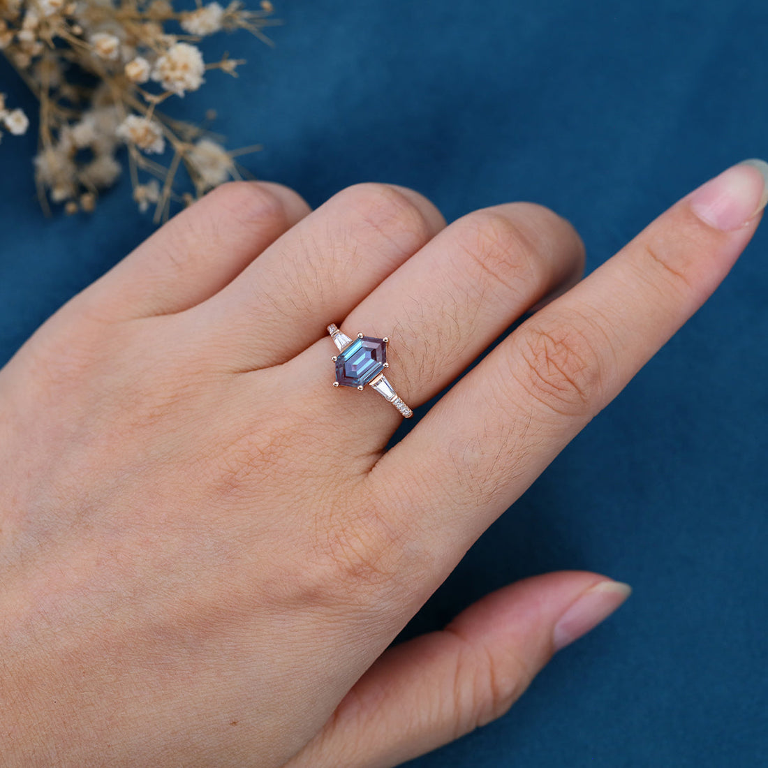 Hexagon cut Lab Alexandrite Solid Gold Engagement Ring