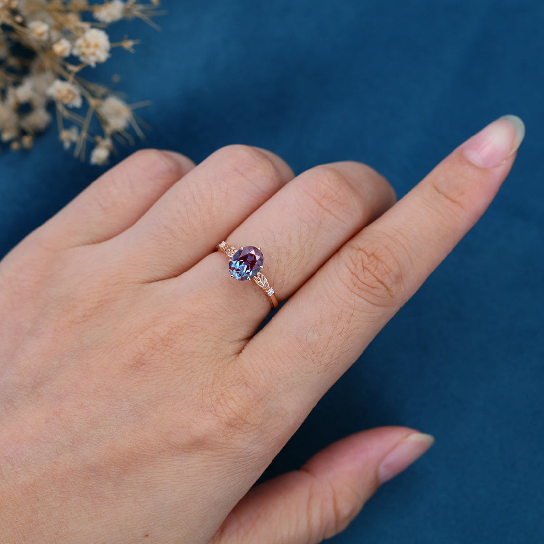 Oval cut Lab Alexandrite Solid Gold Engagement Ring