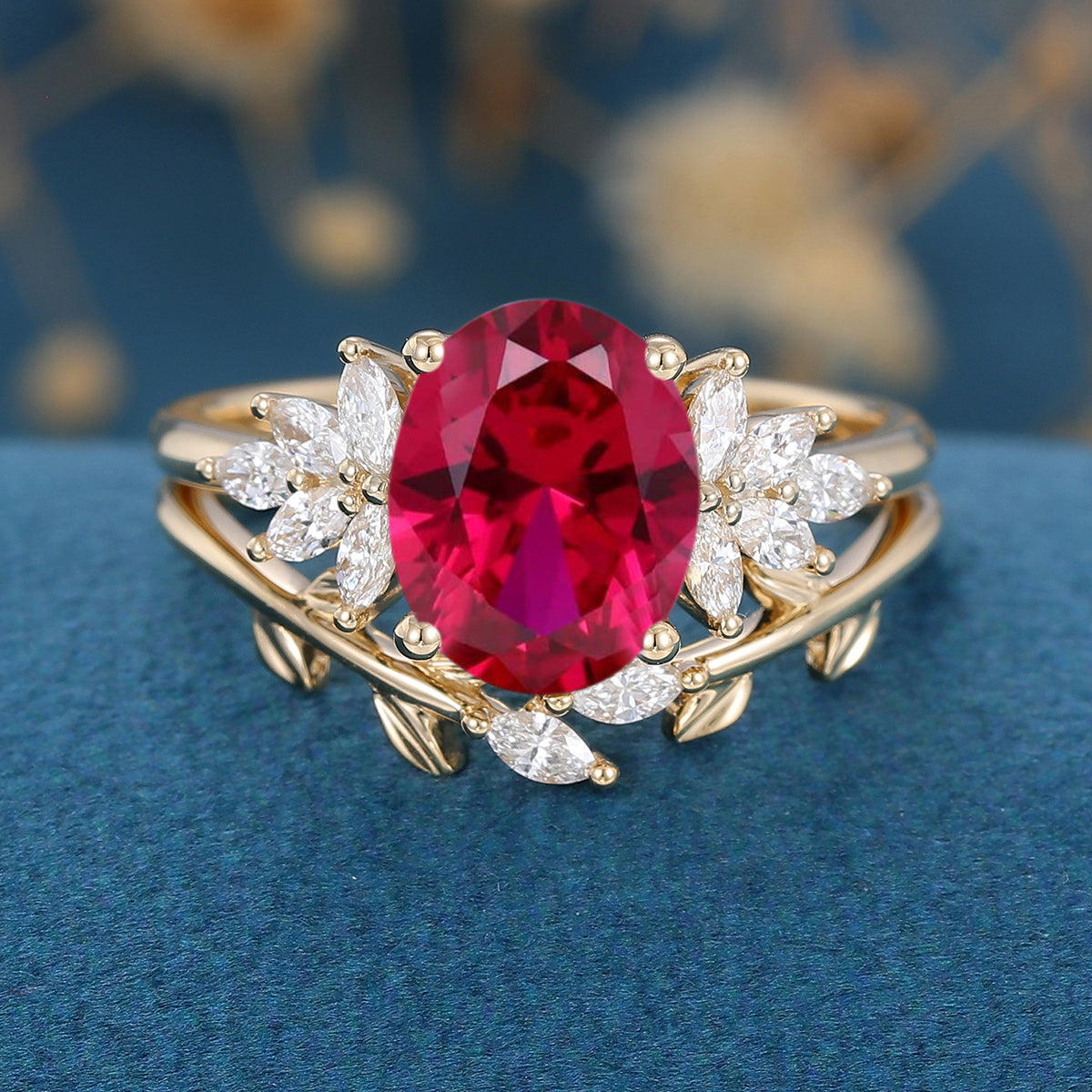 Oval cut Lab Ruby Cluster Engagement ring Bridal Set