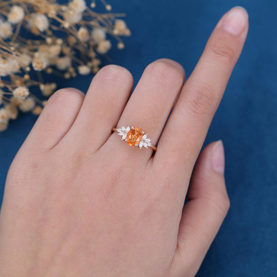 Oval cut Sunstone Cluster Engagement Ring 