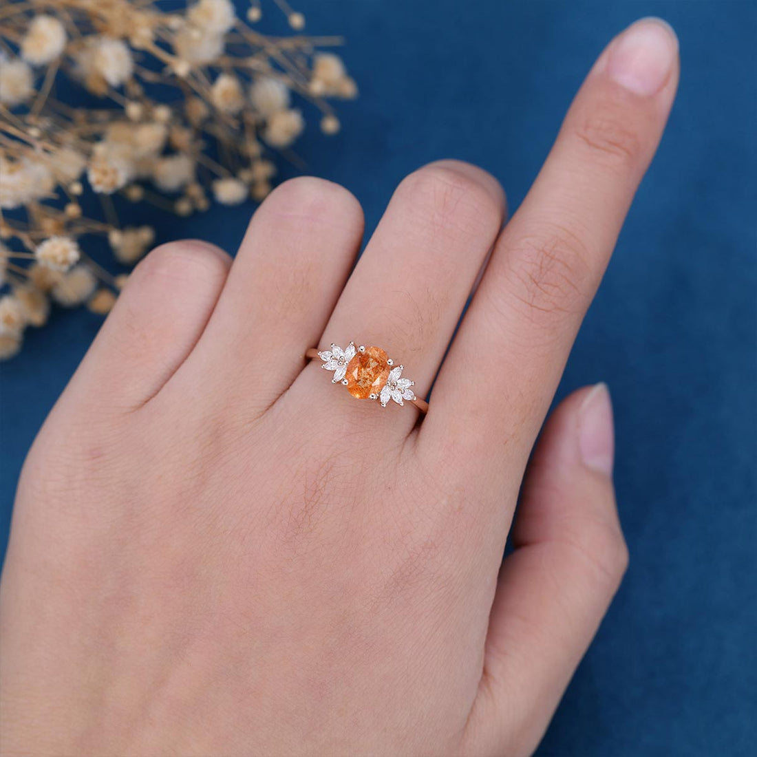 1.35Carat Oval Sunstone Cluster Engagement Ring