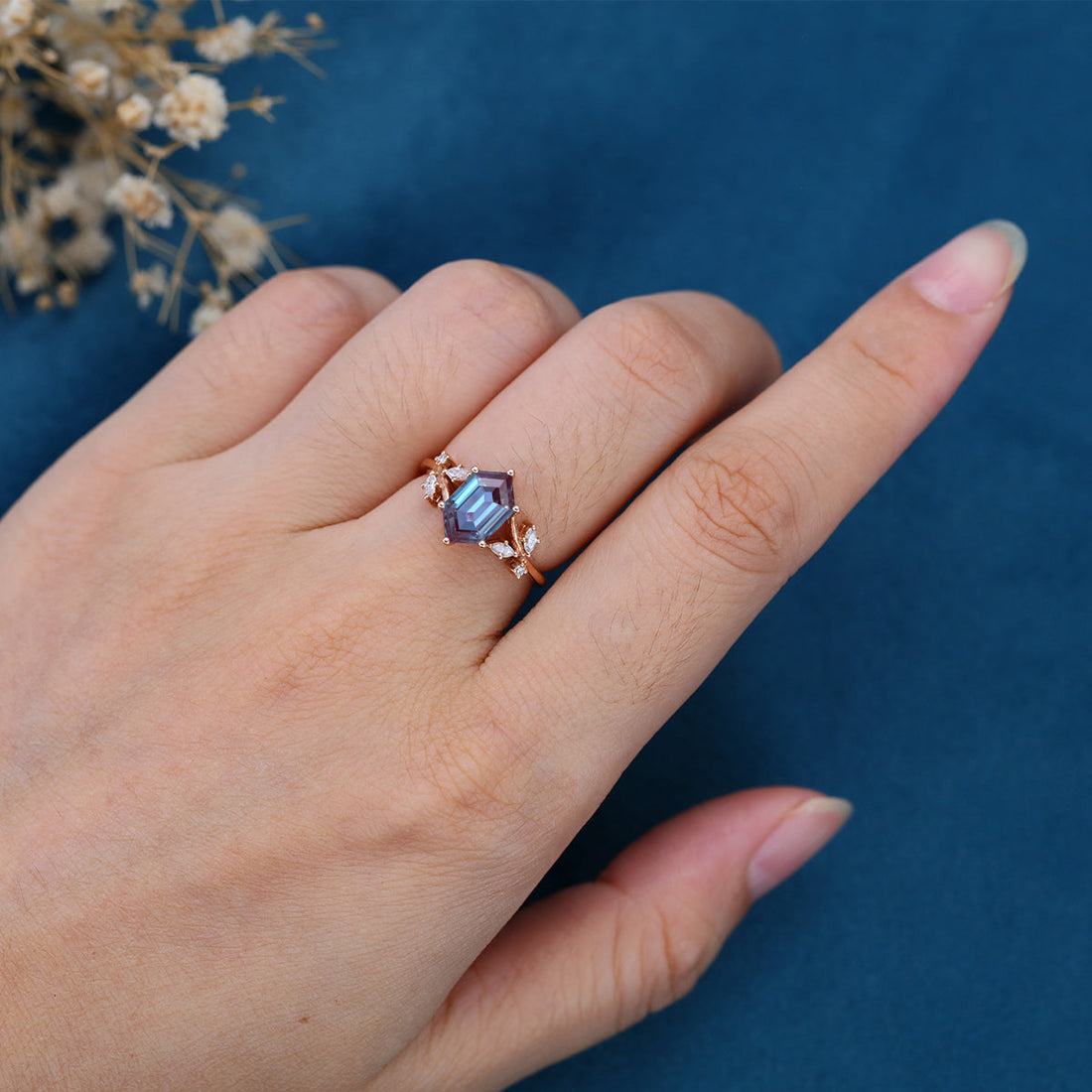 Hexagon cut Lab Alexandrite Solid Gold Engagement Ring