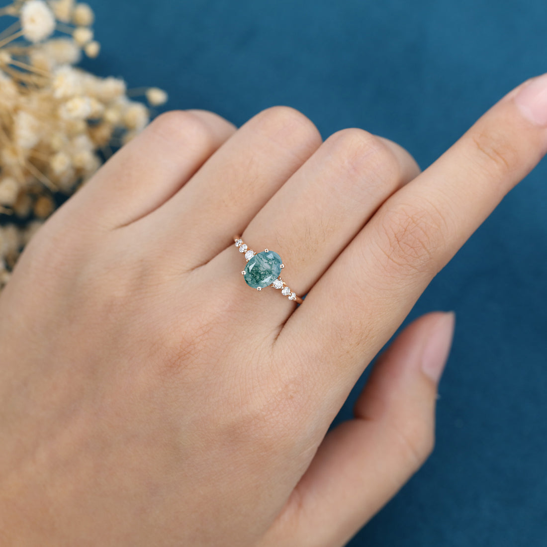 Oval Cut Natural Green Moss Agate Cluster Engagement Ring