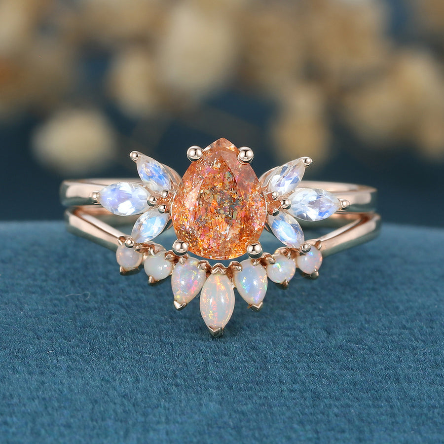 1.2 Carat Pear Sunstone + Moonstone Cluster  | Opal wedding Bridal Set