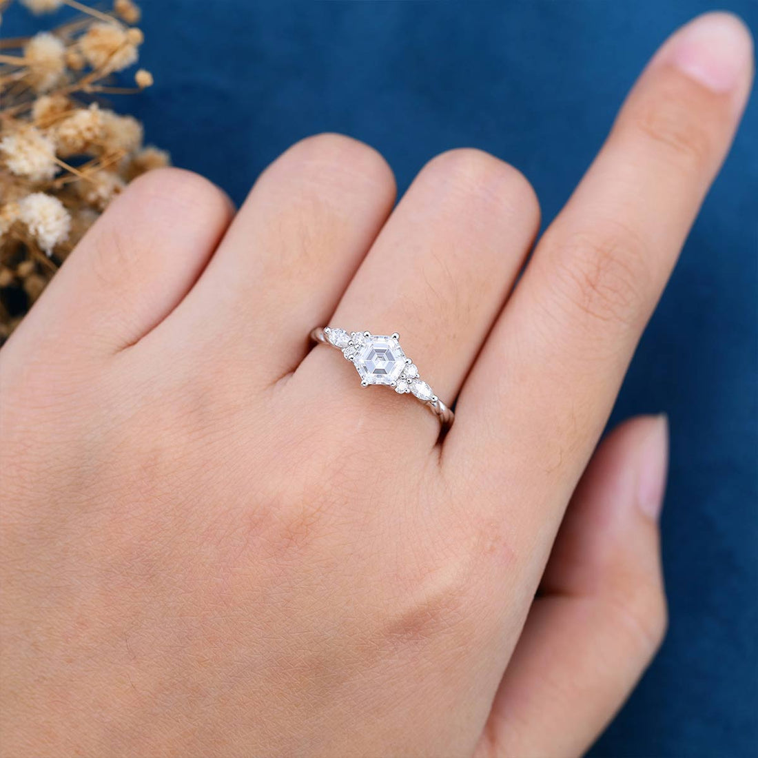 Hexagon cut Moissanite Twisted Shank Engagement ring