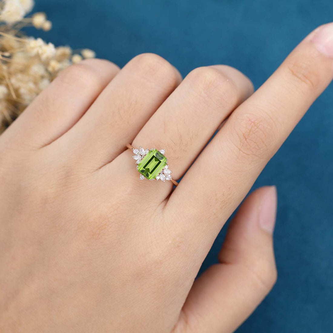 Emerald cut Olivine Cluster Engagement Ring