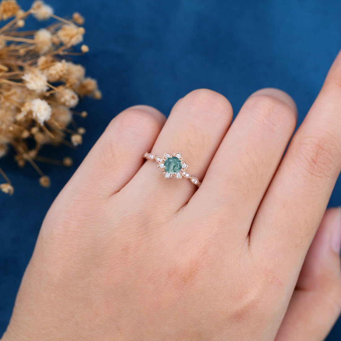 Round Cut Natural Green Moss Agate Flower Engagement Ring