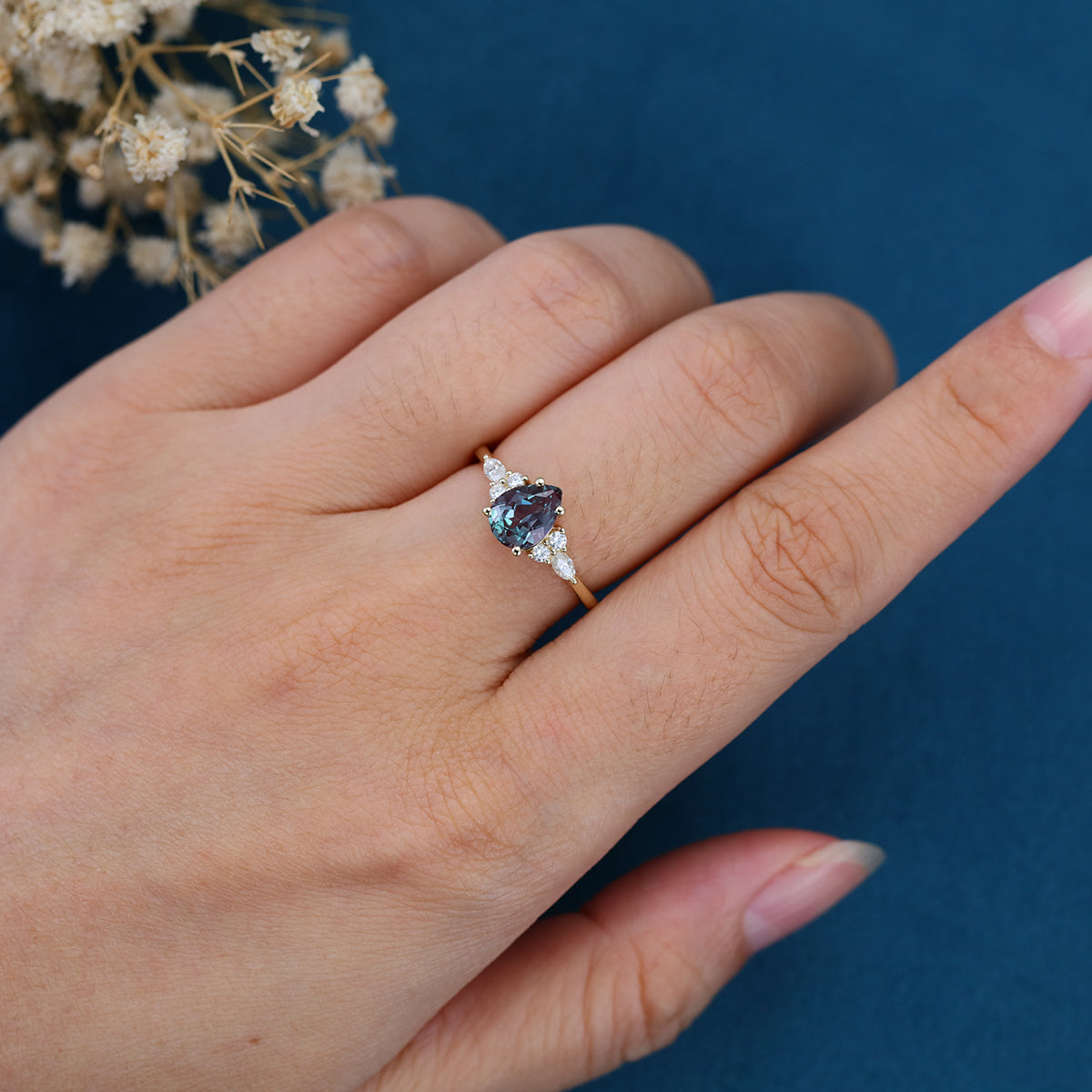Pear shaped Lab Alexandrite Cluster Engagement ring