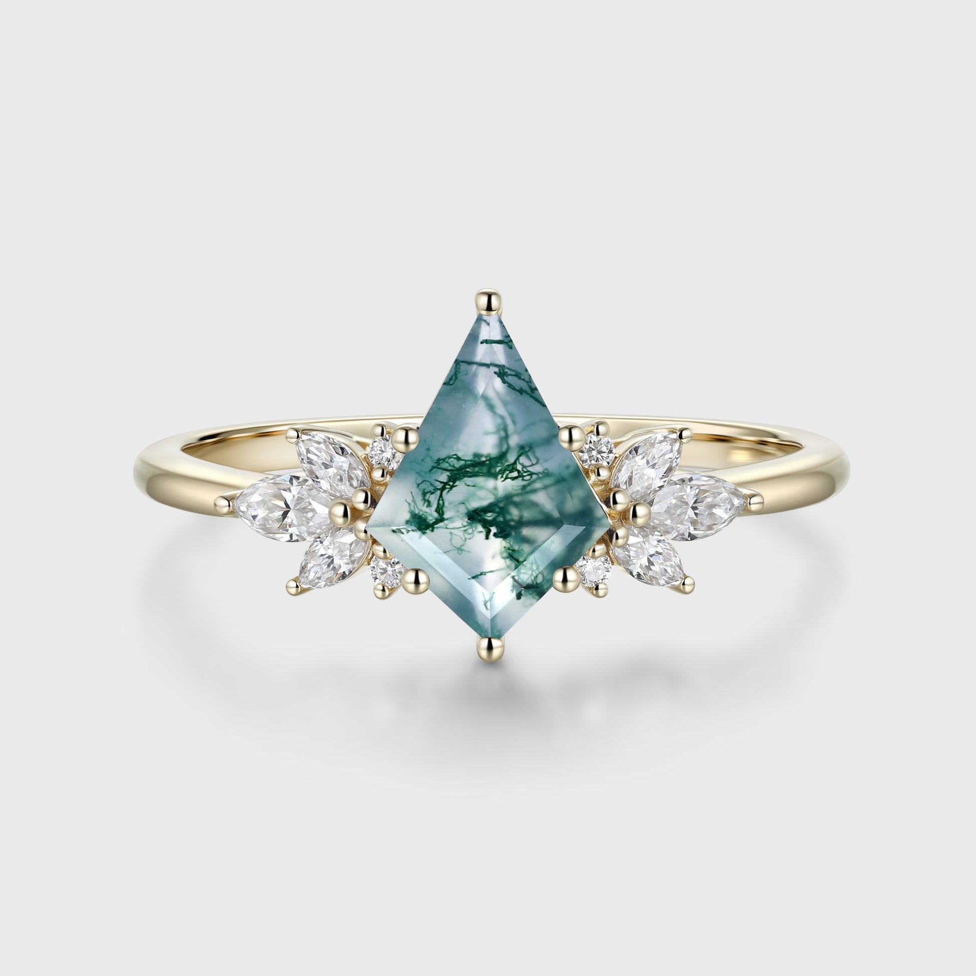 Kite Cut Natural Green Moss Agate Cluster Engagement Ring