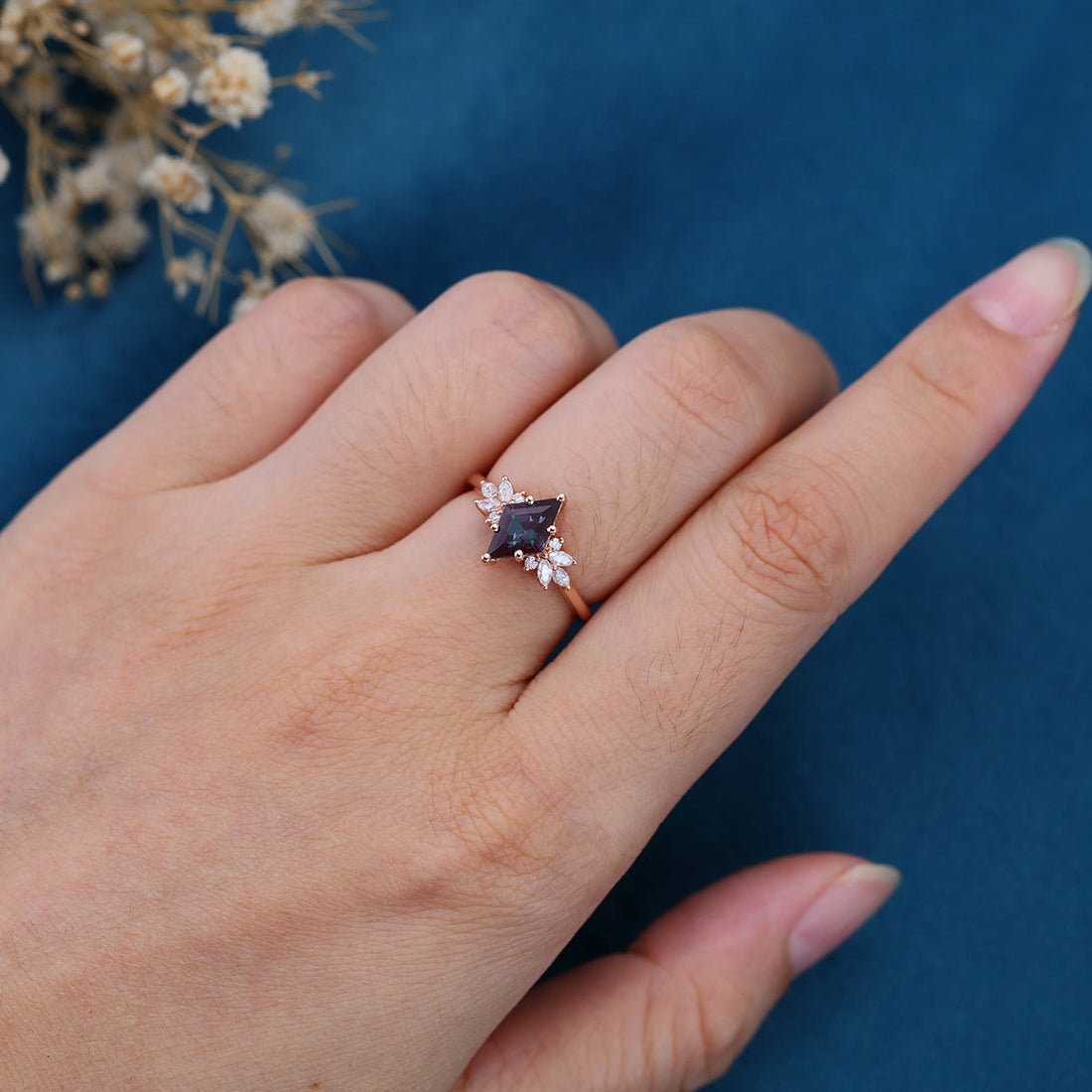 Lozenge cut Lab Alexandrite Solid Gold Engagement Ring