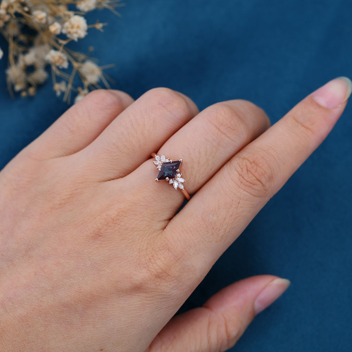 Lozenge cut Lab Alexandrite Solid Gold Engagement Ring