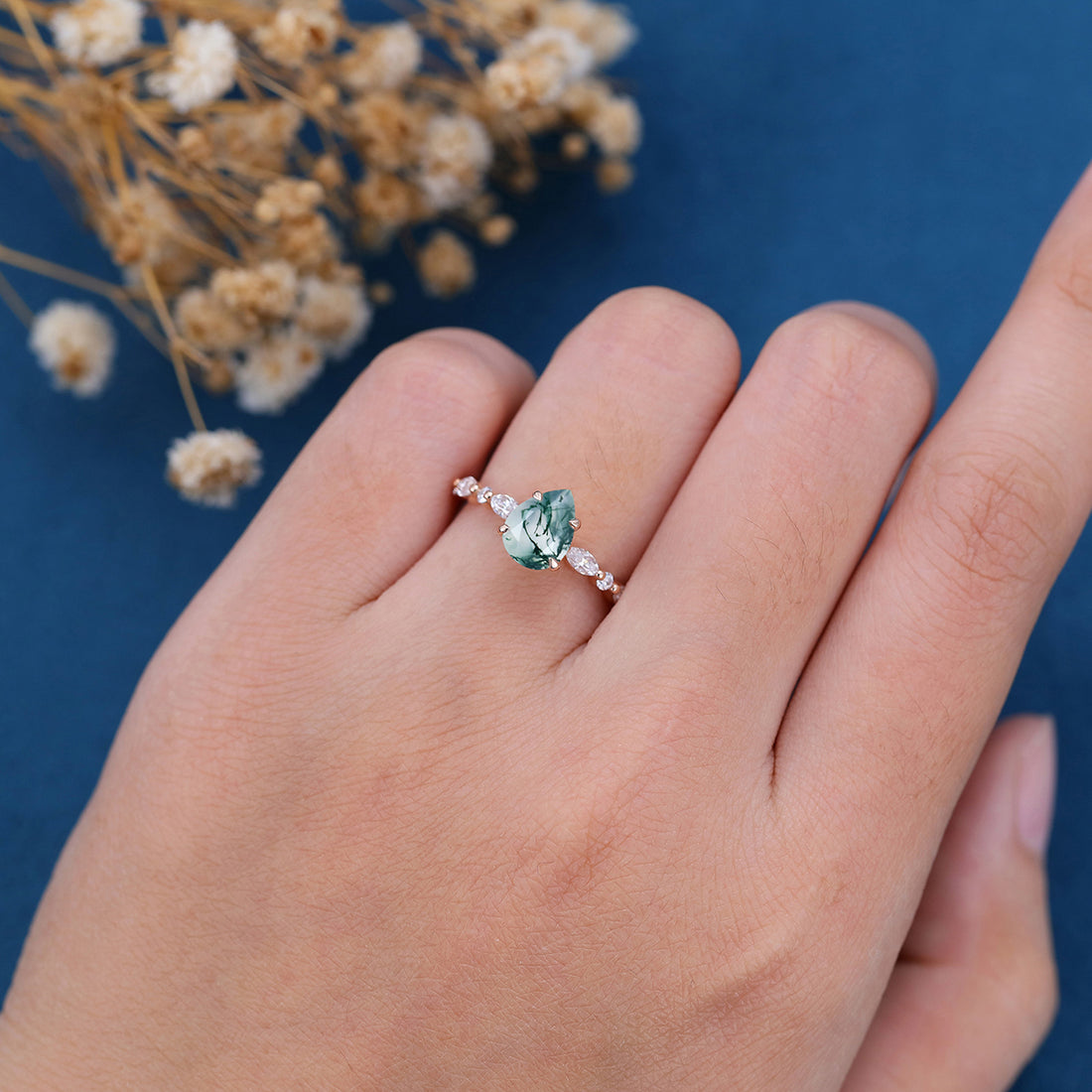 Natural Green Moss Agate pear cut cluster Engagement Ring